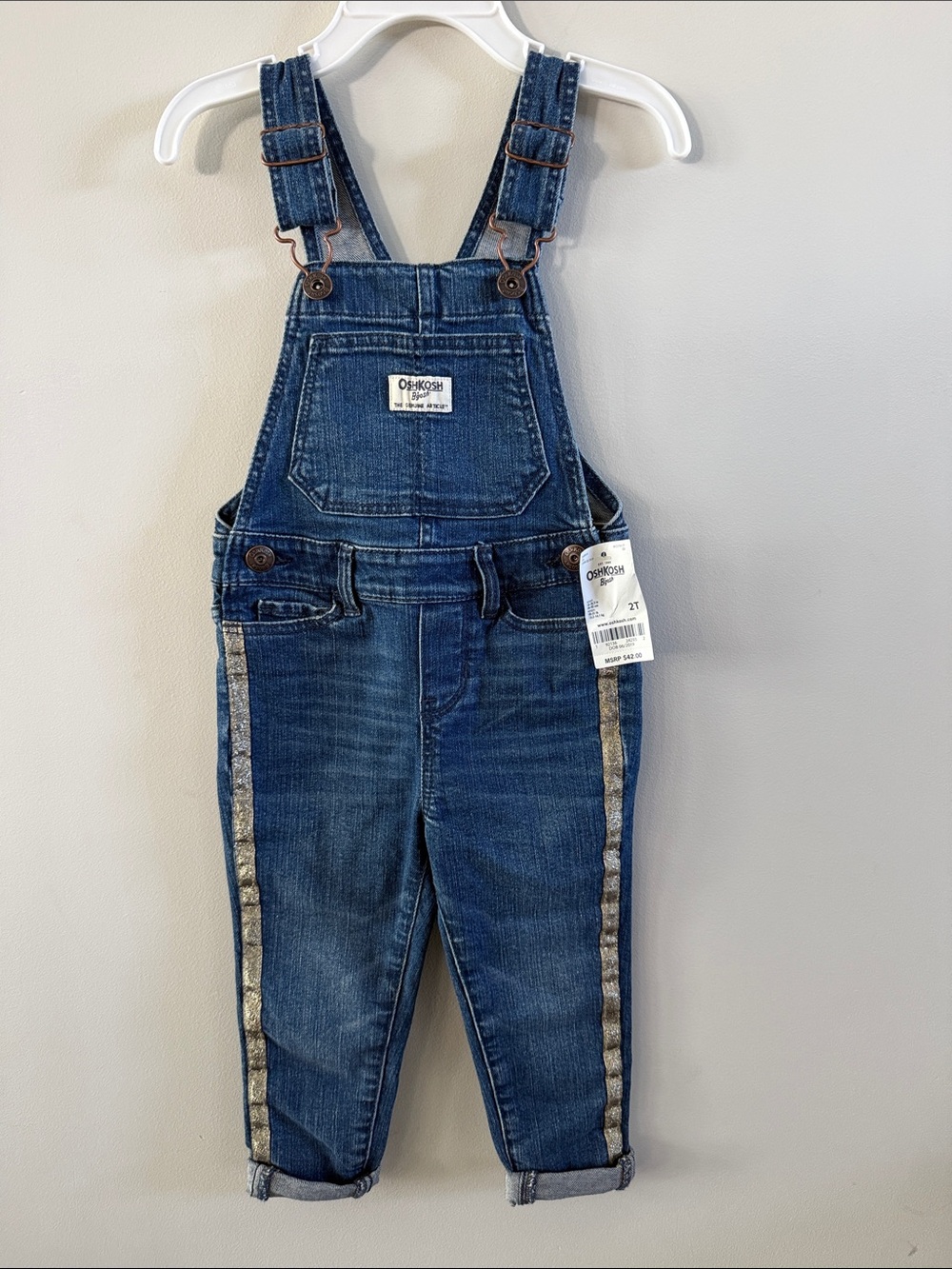 OshKosh B'gosh Girls Dark Blue Denim Overalls with Metallic Gold Side Stripes
